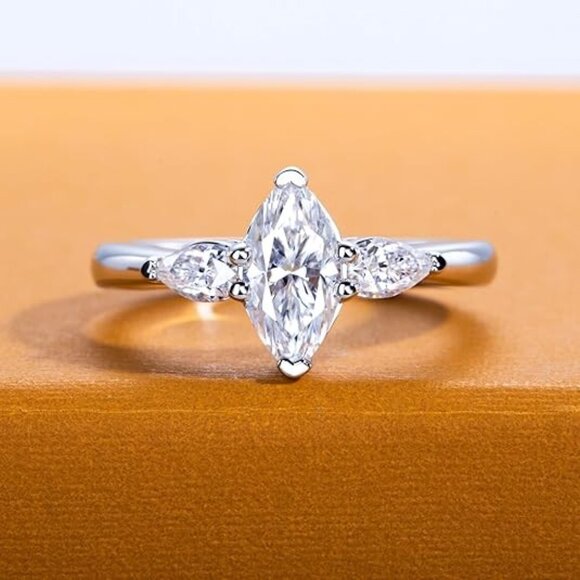 1.6cttw Marquise Cut Moissanites 3 stone D Color VVS1 Clarity Engagement Ring - Picture 1 of 6